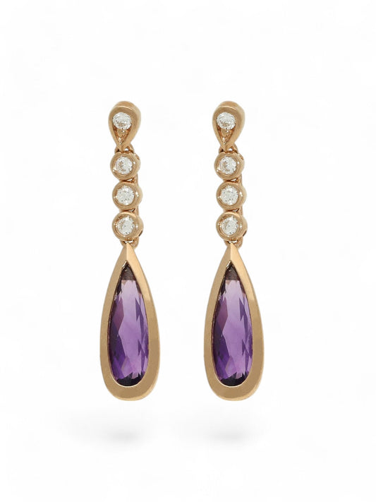 Amethyst & Diamond Teardrop Drop Stud Earrings in 9ct Rose Gold