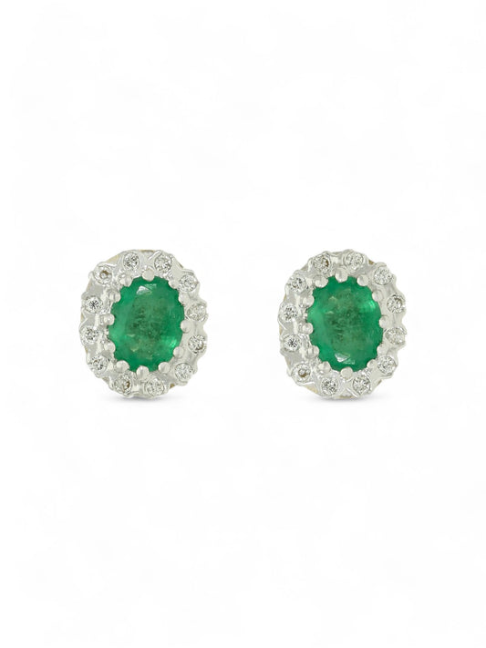 Emerald & Diamond Oval Cluster Stud Earrings in 9ct Yellow & White Gold
