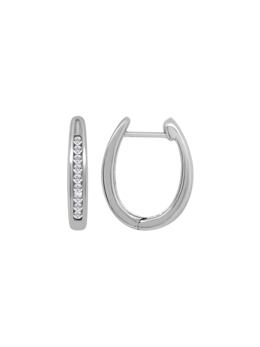 White gold hoop earrings with diamonds on a white background.