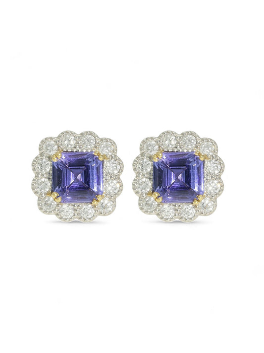 Tanzanite and Diamond Cluster Stud Earrings in 18ct Yellow and White Gold