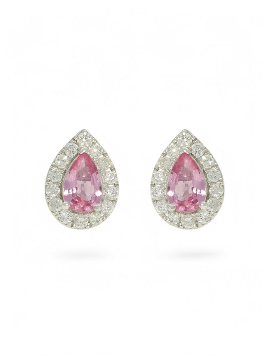 Pink Sapphire & Diamond Cluster Stud Earrings in 18ct White Gold