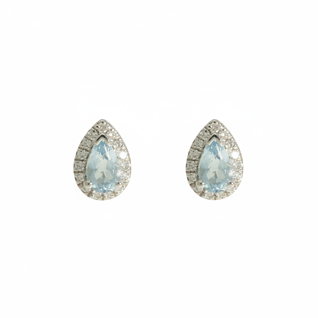 Aquamarine & Diamond Cluster Earrings with 0.36ct Pear Cut Aquamarine & 0.10ct Round Brilliant Diamond Halo in 18ct White Gold