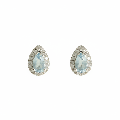 Aquamarine & Diamond Cluster Earrings with 0.36ct Pear Cut Aquamarine & 0.10ct Round Brilliant Diamond Halo in 18ct White Gold