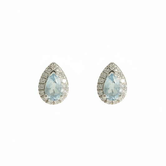 Aquamarine & Diamond Cluster Earrings with 0.36ct Pear Cut Aquamarine & 0.10ct Round Brilliant Diamond Halo in 18ct White Gold