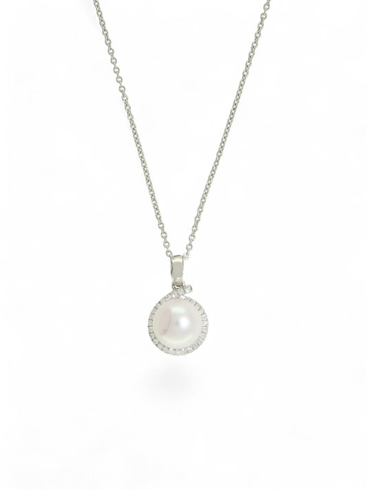 White Cultured Pearl and Diamond Pendant Necklace in 9ct White Gold