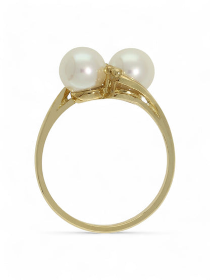 White Double Cultured Pearl Ring in 9ct Yellow Gold