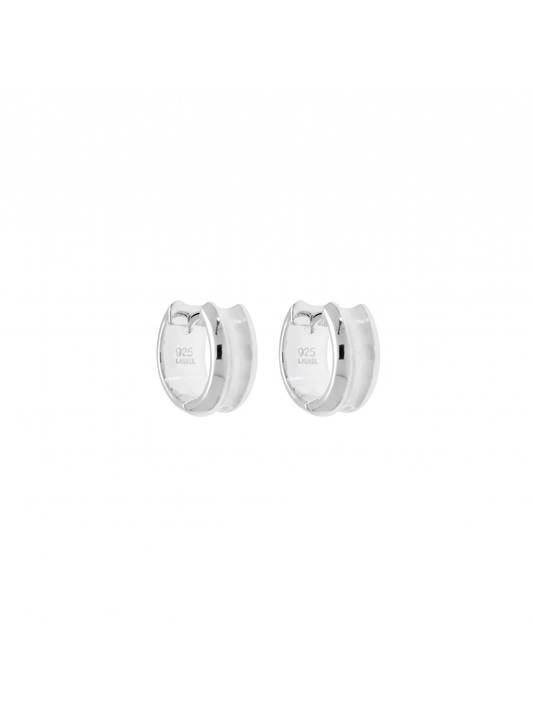 Silver Huggie Hoop Earrings with Satin & Polished Wide Rigged Detail 14mm