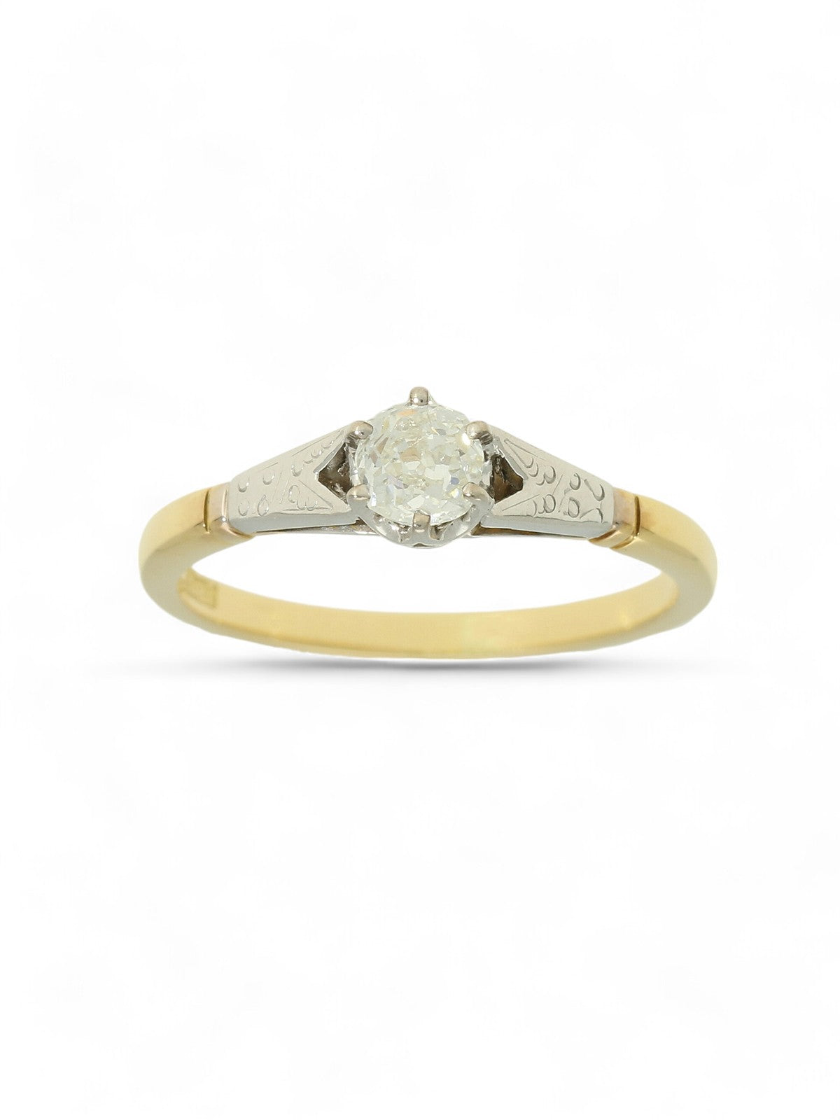 Pre Owned Diamond Solitaire Ring 0.40ct Old Victorian Cut in 18ct Yellow and White Gold with Patterned Shoulders