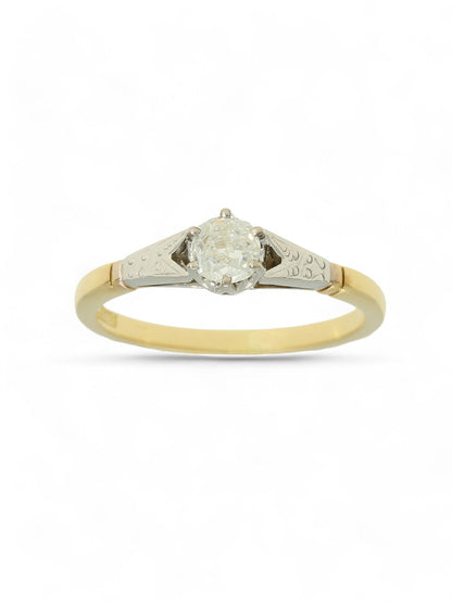Pre Owned Diamond Solitaire Ring 0.40ct Old Victorian Cut in 18ct Yellow and White Gold with Patterned Shoulders