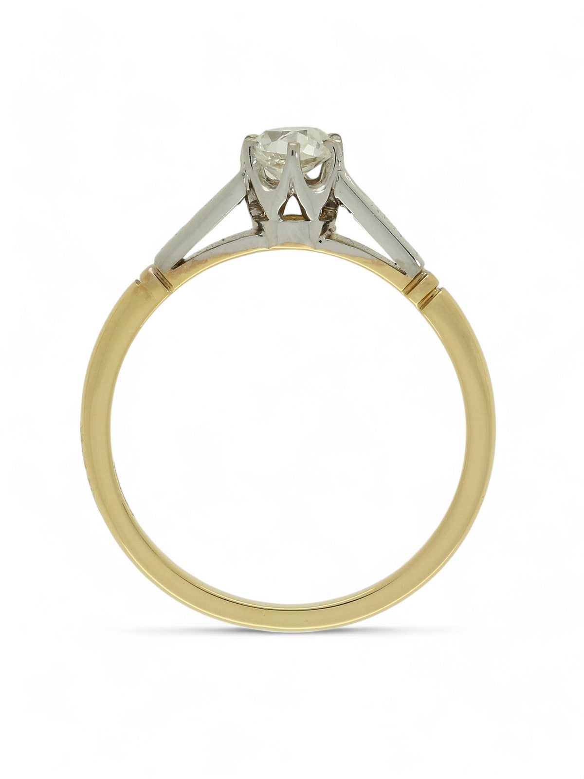 Pre Owned Diamond Solitaire Ring 0.40ct Old Victorian Cut in 18ct Yellow and White Gold with Patterned Shoulders