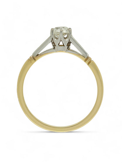Pre Owned Diamond Solitaire Ring 0.40ct Old Victorian Cut in 18ct Yellow and White Gold with Patterned Shoulders