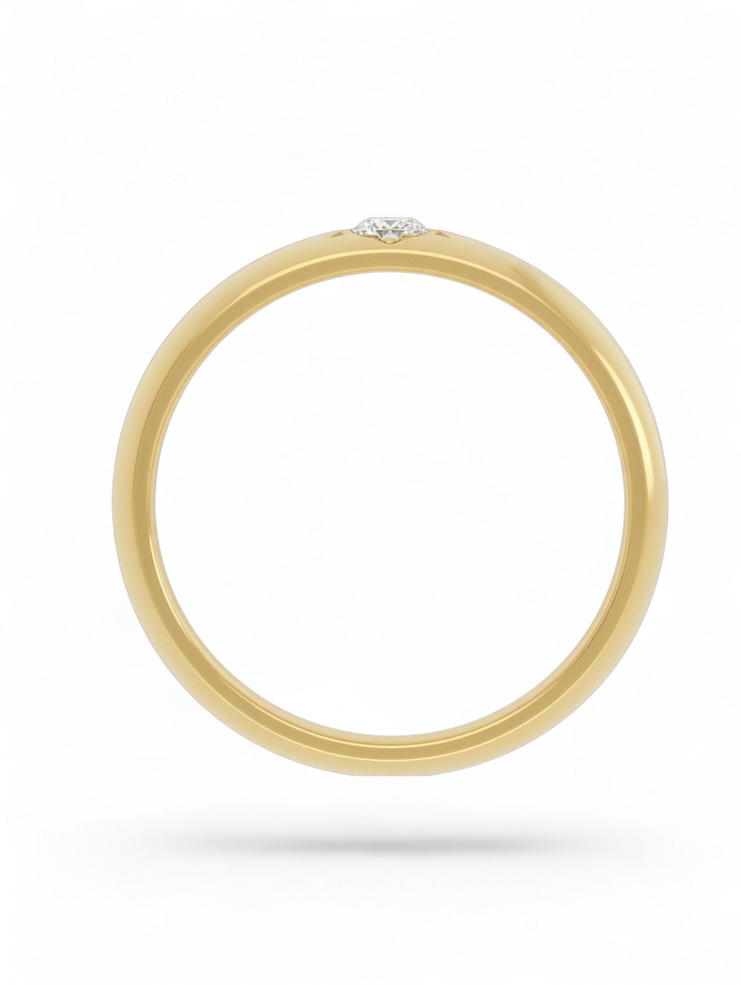18ct yellow gold wide band ring with a single diamond in a star setting on a white background.