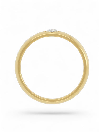 18ct yellow gold wide band ring with a single diamond in a star setting on a white background.