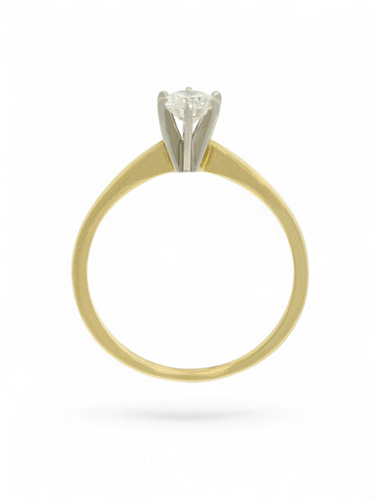 Pre-Owned diamond solitaire ring with an 18ct yellow gold shank, 6 18ct white gold claws, and a 0.33ct round brilliant cut diamond centre stone.