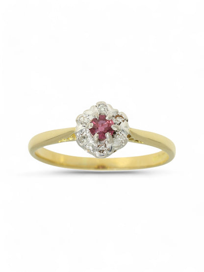 Pre Owned Ruby & Diamond Cluster Ring in 18ct Yellow Gold