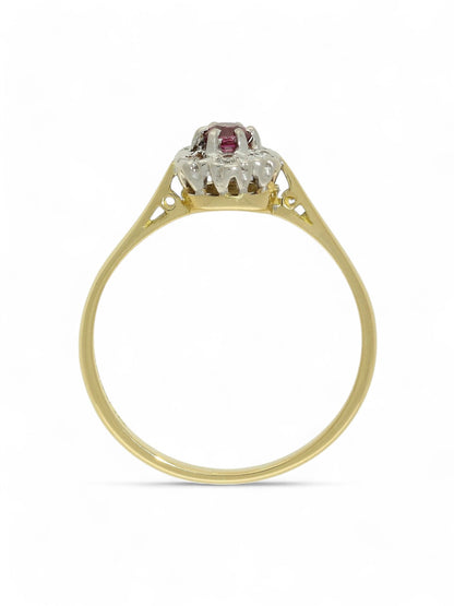 Pre Owned Ruby & Diamond Cluster Ring in 18ct Yellow Gold