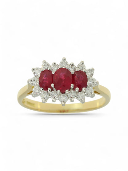 Pre Owned Ruby & Diamond Cluster Ring in 18ct Yellow & White Gold