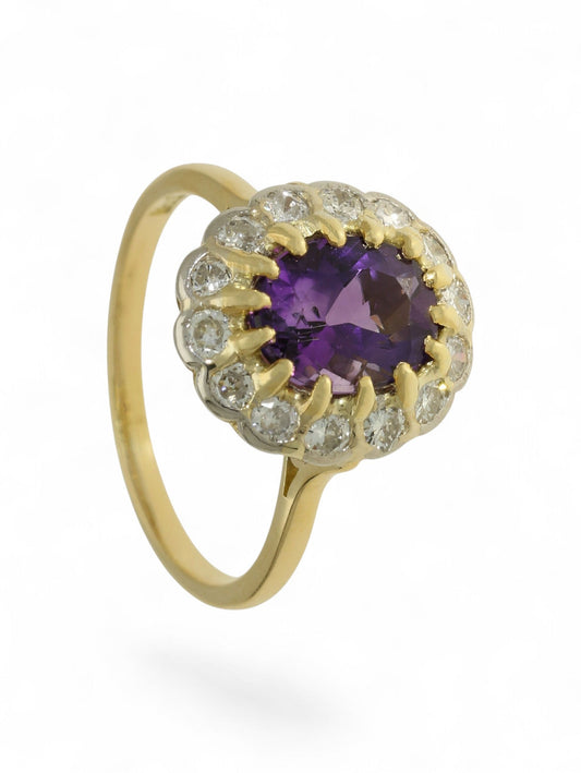 Pre-Owned Amethyst & Diamond Cluster Ring in 18ct Yellow Gold