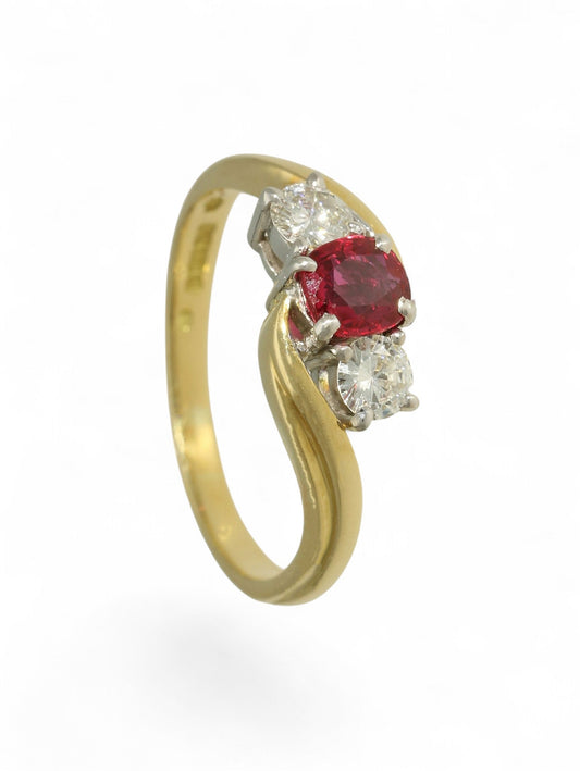 Pre-Owned Ruby & Diamond Three Stone Ring in 18ct Yellow Gold