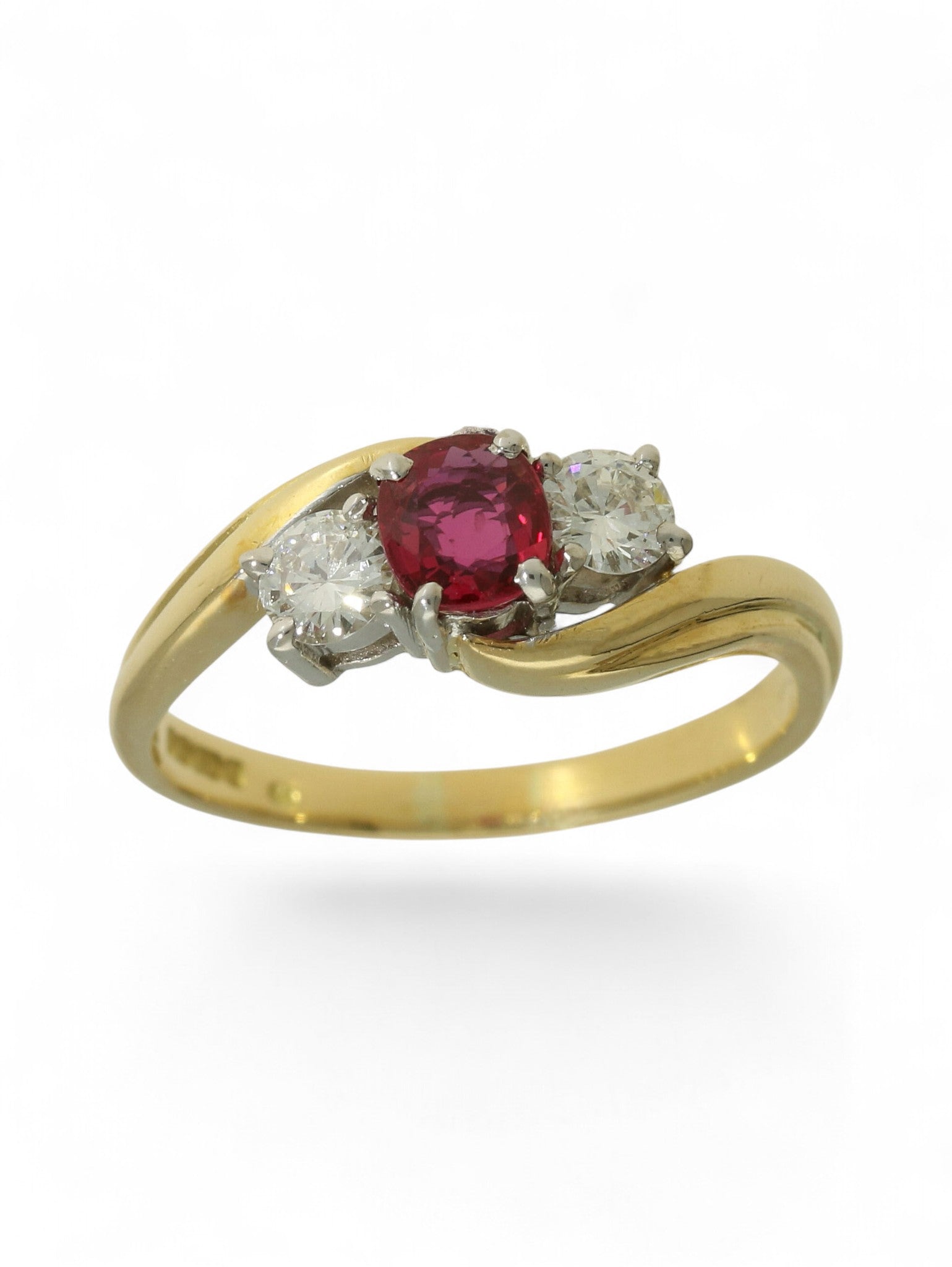 Pre-Owned Ruby & Diamond Three Stone Ring in 18ct Yellow Gold