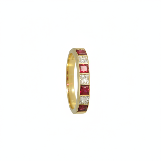 Pre-Owned Ruby and Diamond Half Eternity Ring in 18ct Yellow Gold