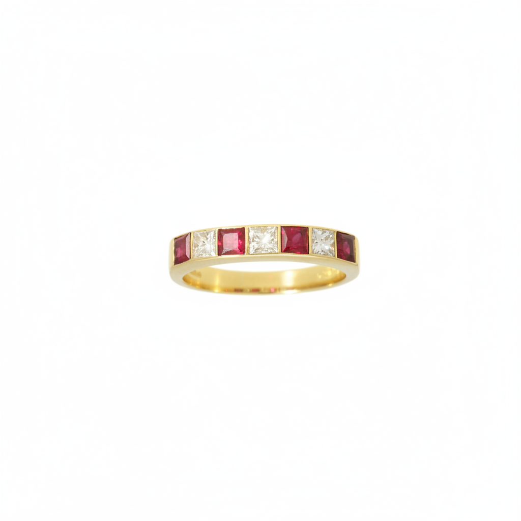 Pre-Owned Ruby and Diamond Half Eternity Ring in 18ct Yellow Gold