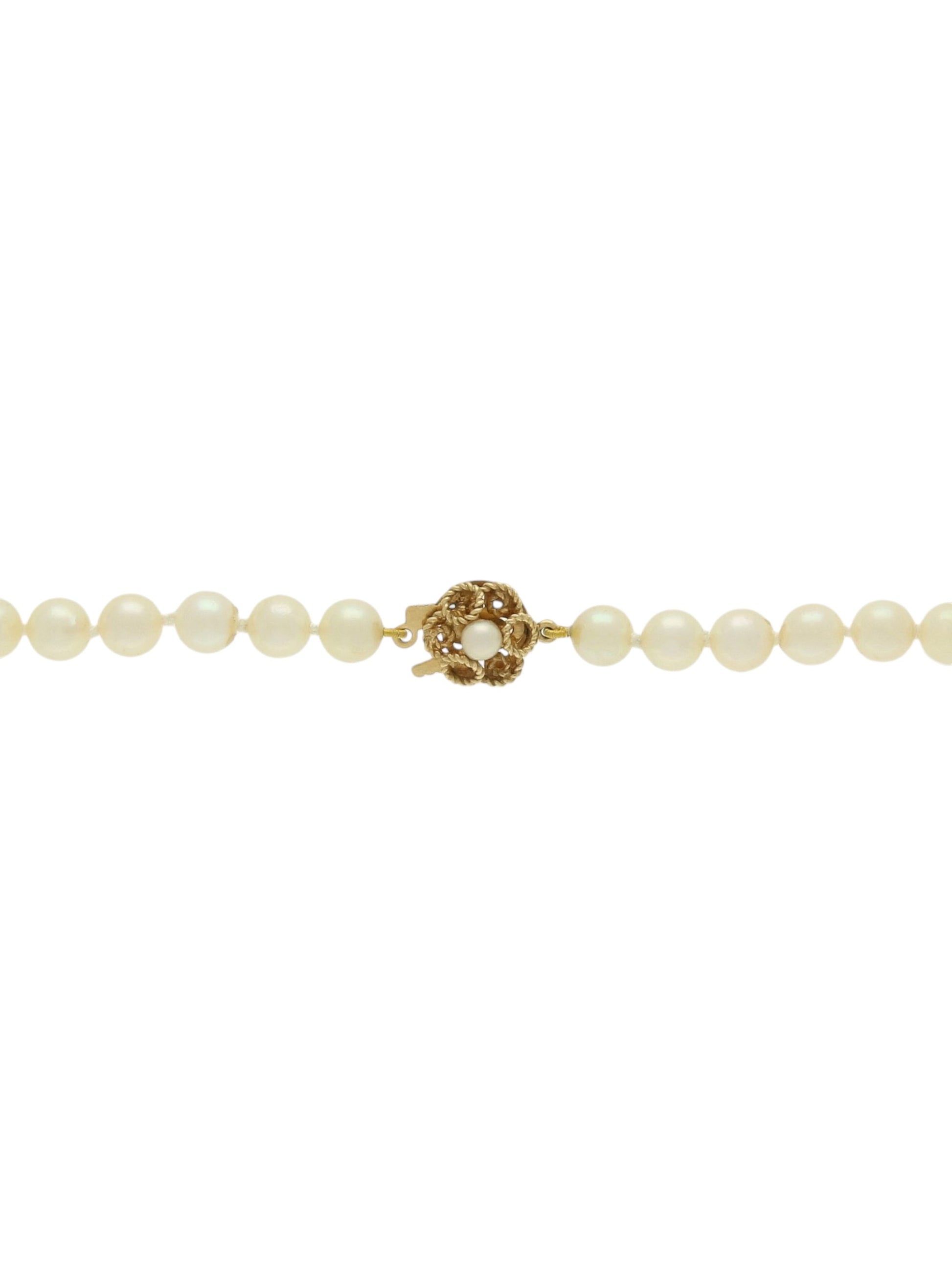 Single strand of white pearls with knot clasp on a white background.