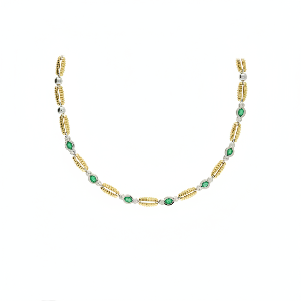 Pre-Owned Emerald & Diamond Necklace in 18ct Yellow & White Gold