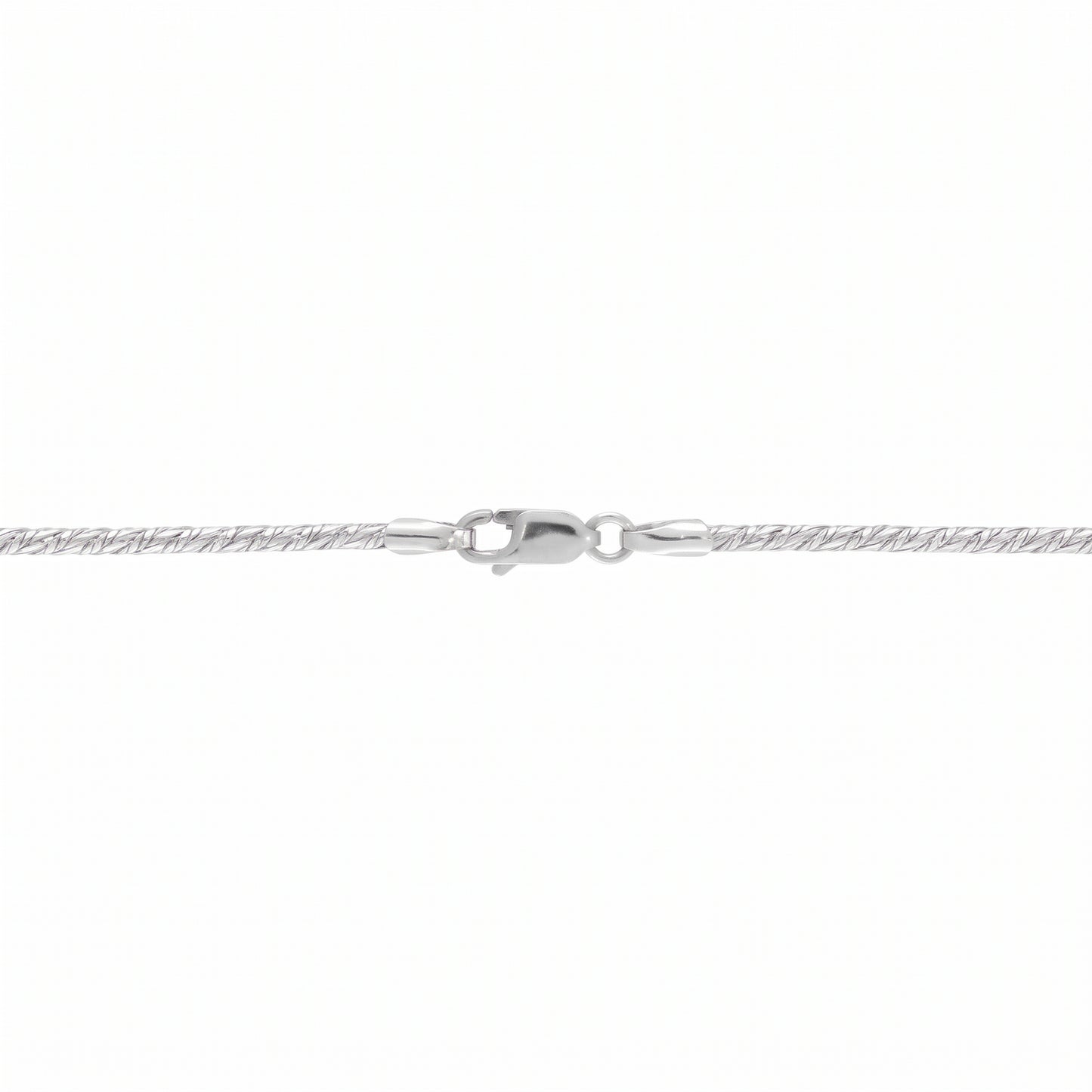 Silver fancy snake chain with trigger clasp on a white background.