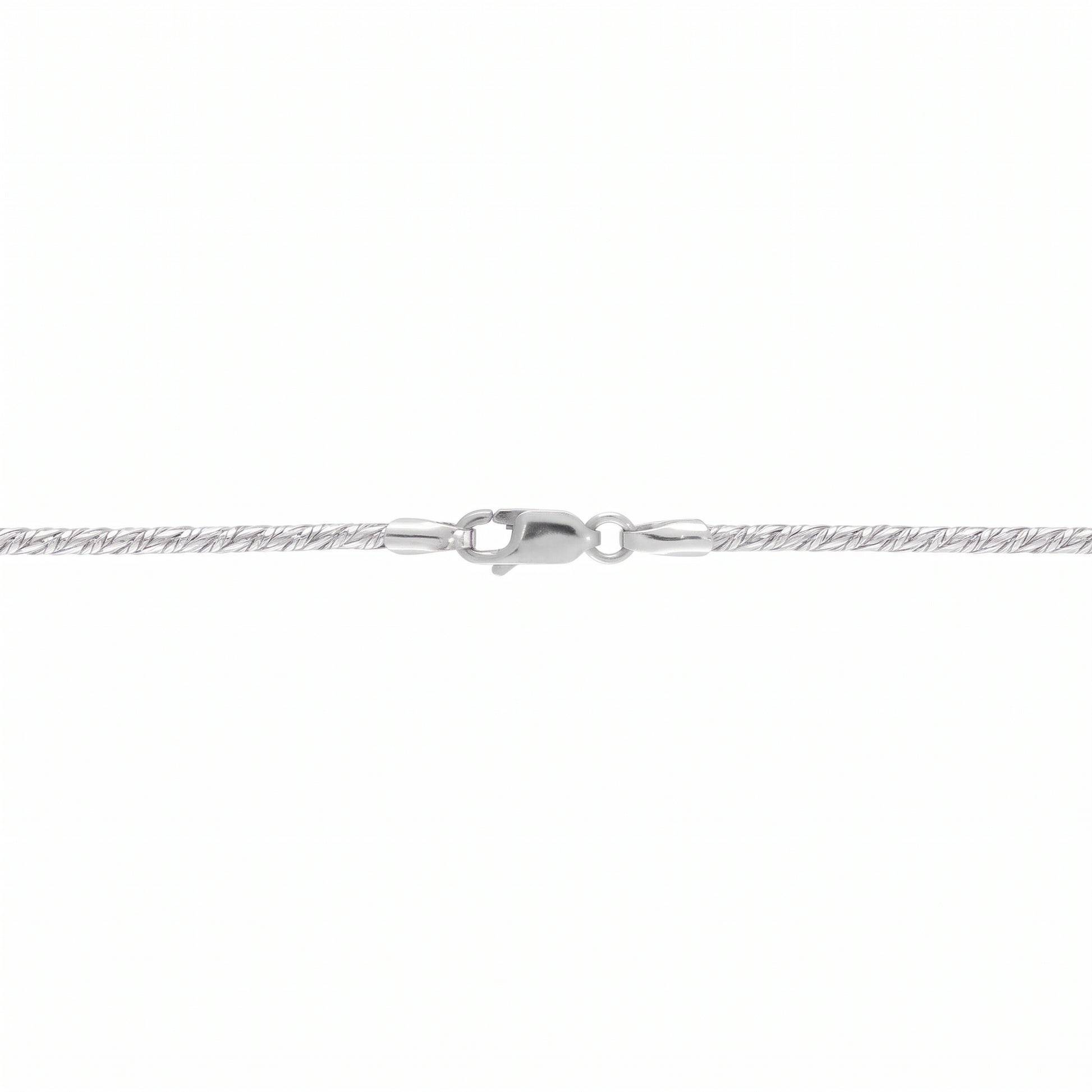 Silver fancy snake chain with trigger clasp on a white background.