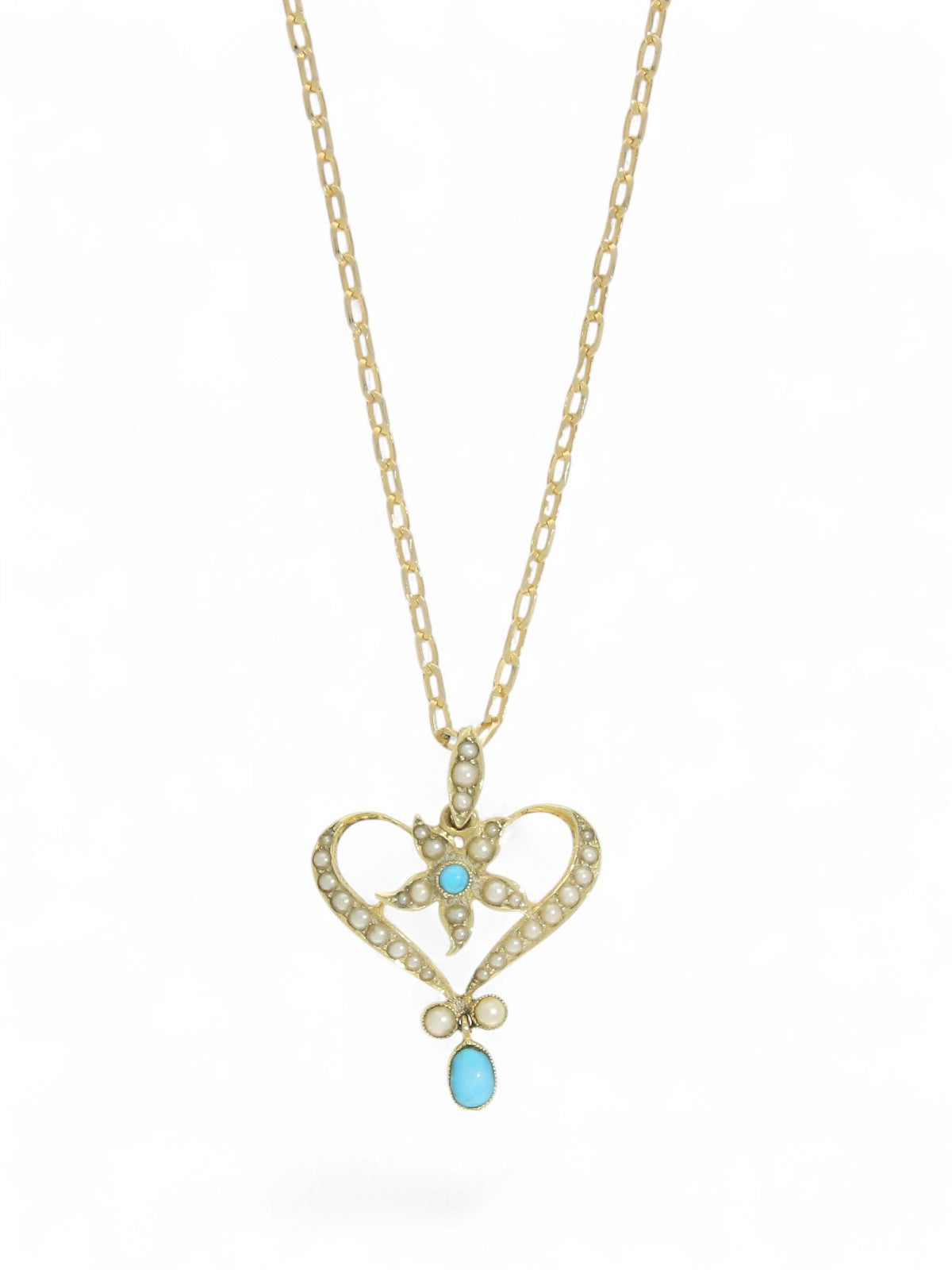 Pre Owned Seed Pearl & Turquoise Edwardian Pendant Necklace in 15ct Yellow Gold