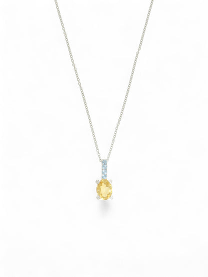 Citrine, aquamarine and diamond pendant with a white-gold chain on a white background.