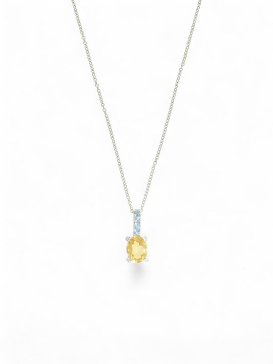 Citrine, aquamarine and diamond pendant with a white-gold chain on a white background.