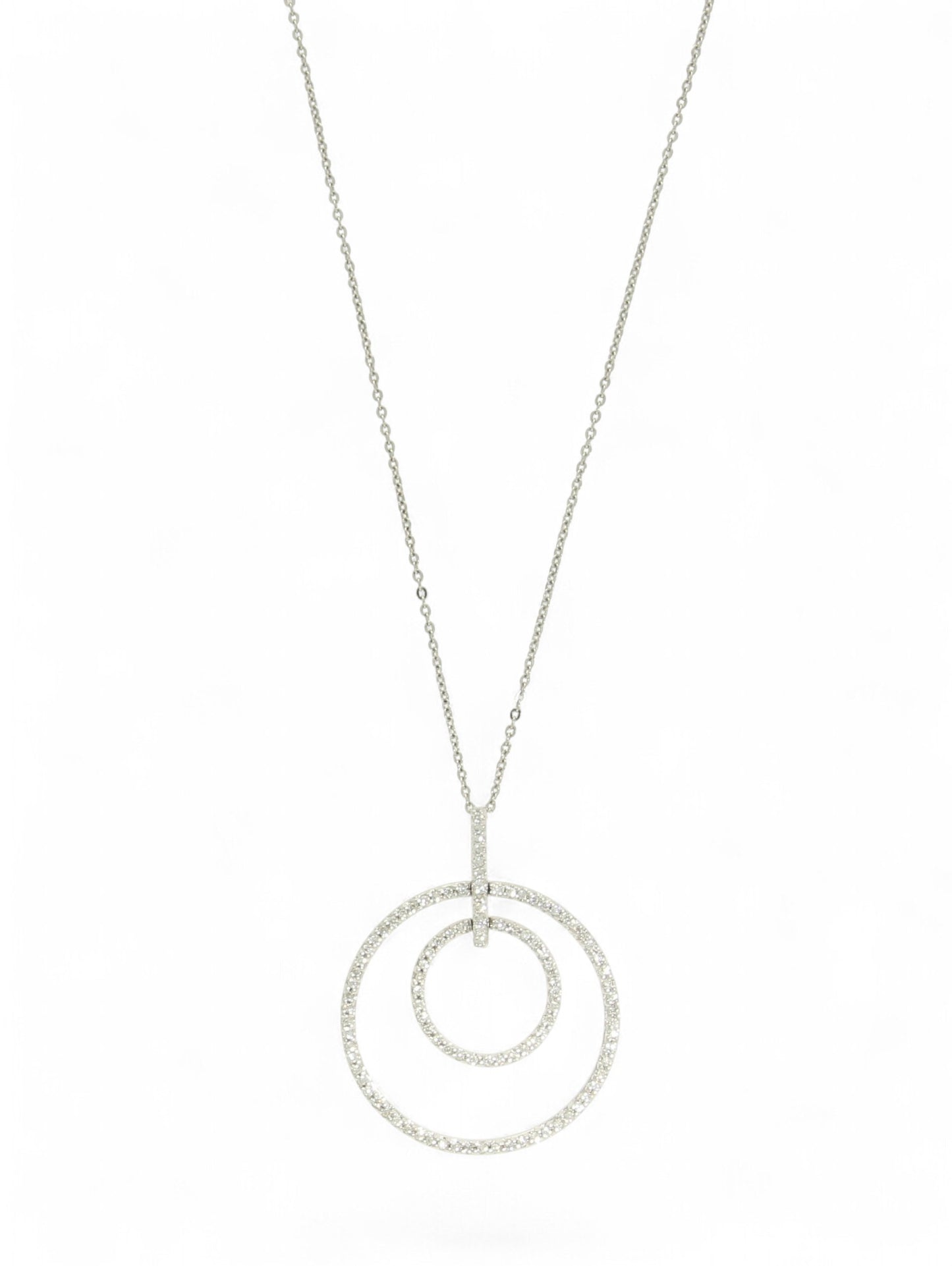 Diamond-set double circle pendant with white-gold chain on a white background.