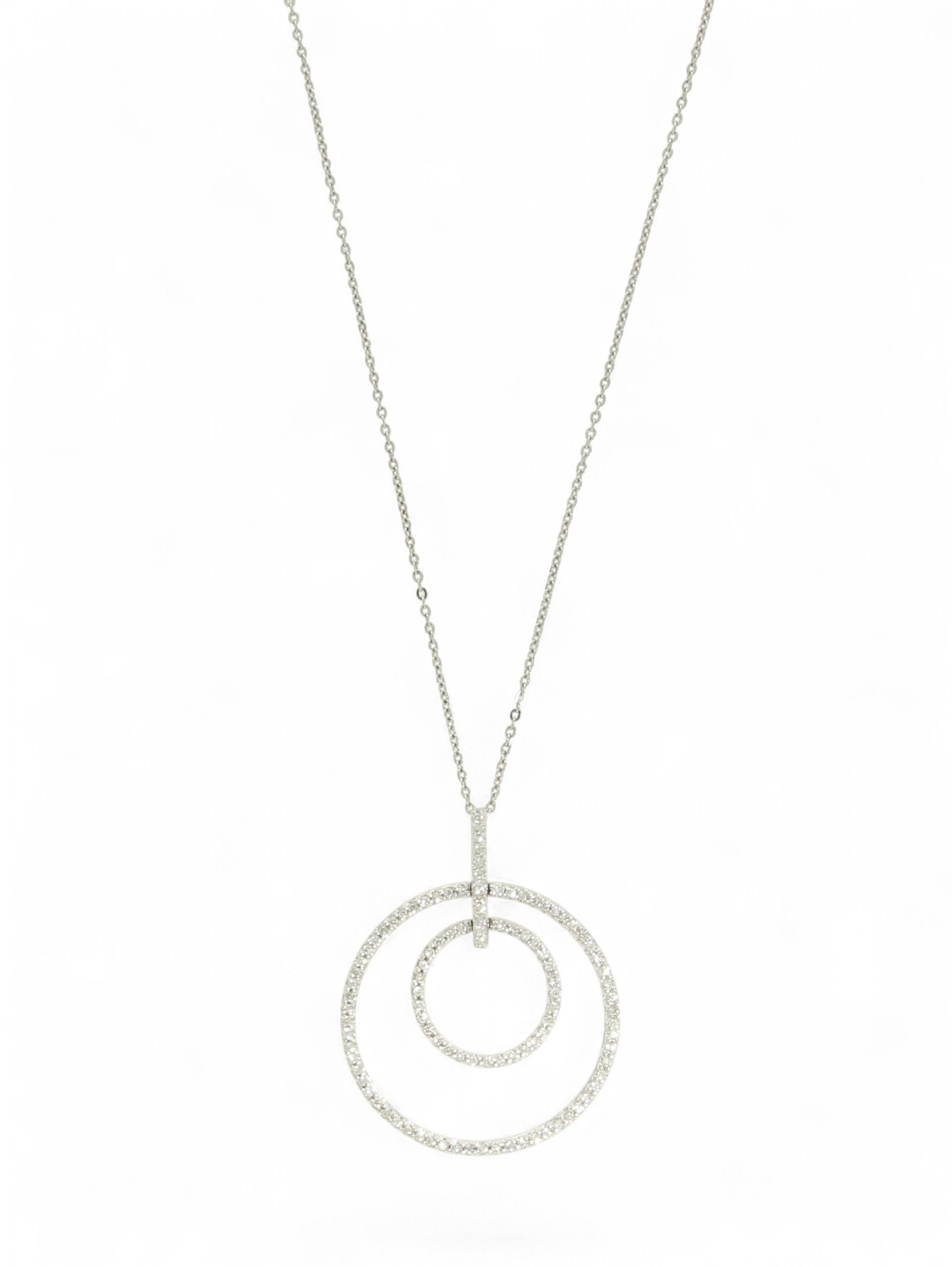 Diamond-set double circle pendant with white-gold chain on a white background.