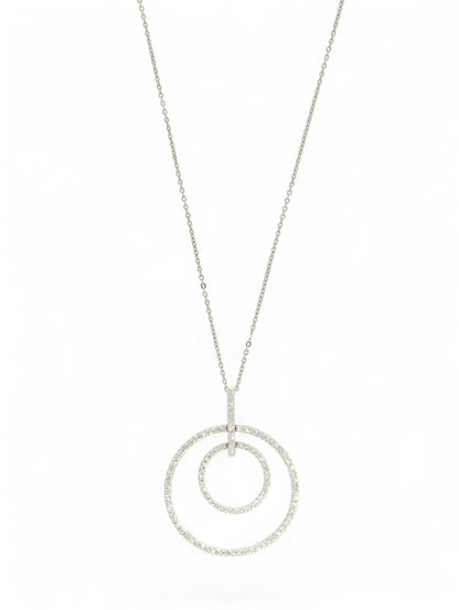 Diamond-set double circle pendant with white-gold chain on a white background.