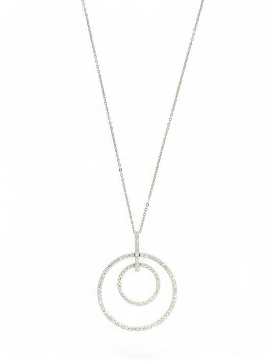 Diamond-set double circle pendant with white-gold chain on a white background.