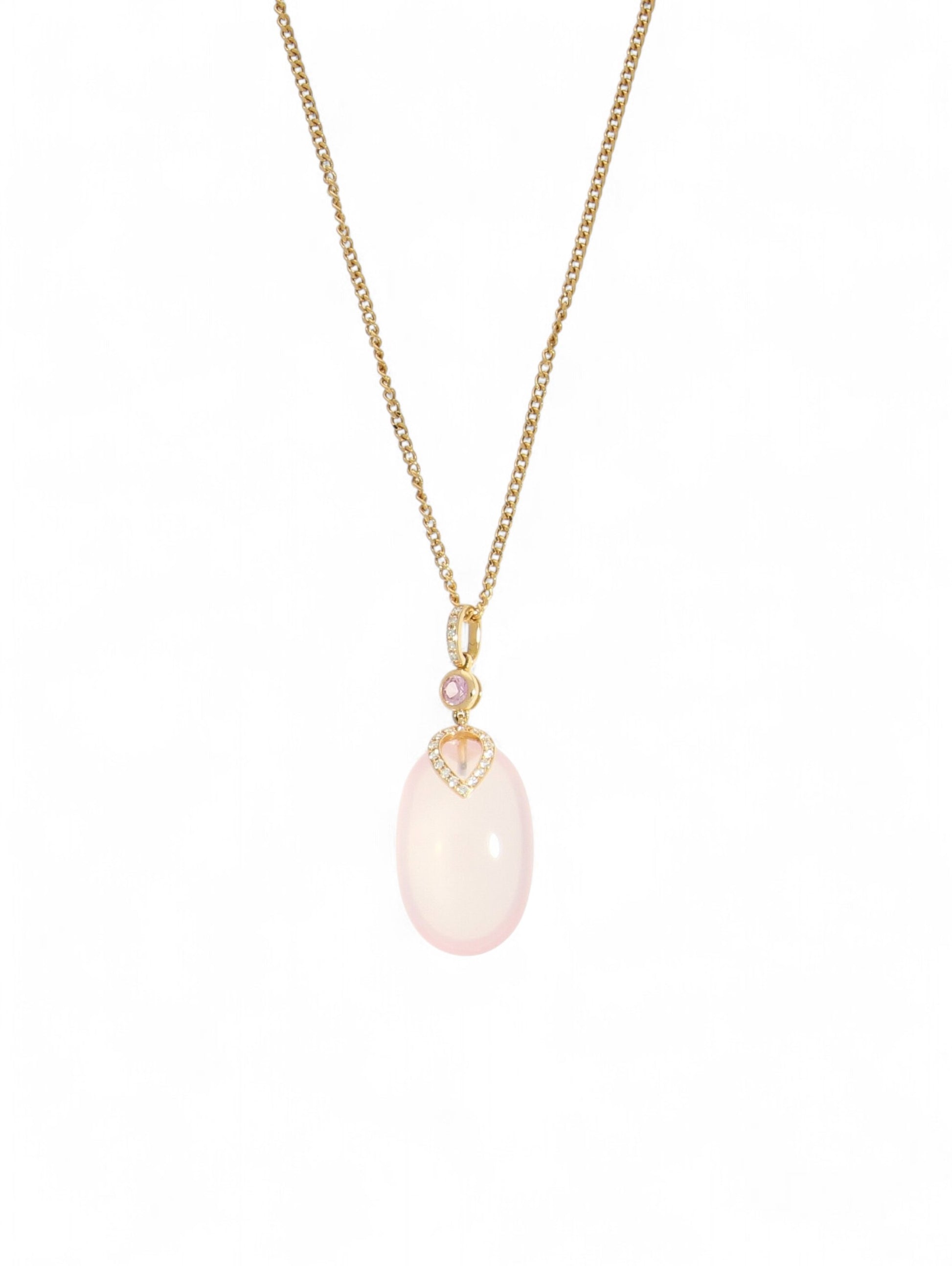 Rose quartz, pink sapphire and diamond pendant with a rose-gold chain on a white background.