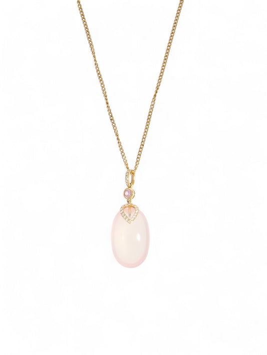 Rose quartz, pink sapphire and diamond pendant with a rose-gold chain on a white background.