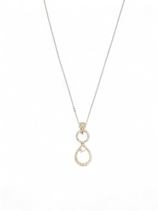 Diamond drop pendant with a white-gold chain on a white background.