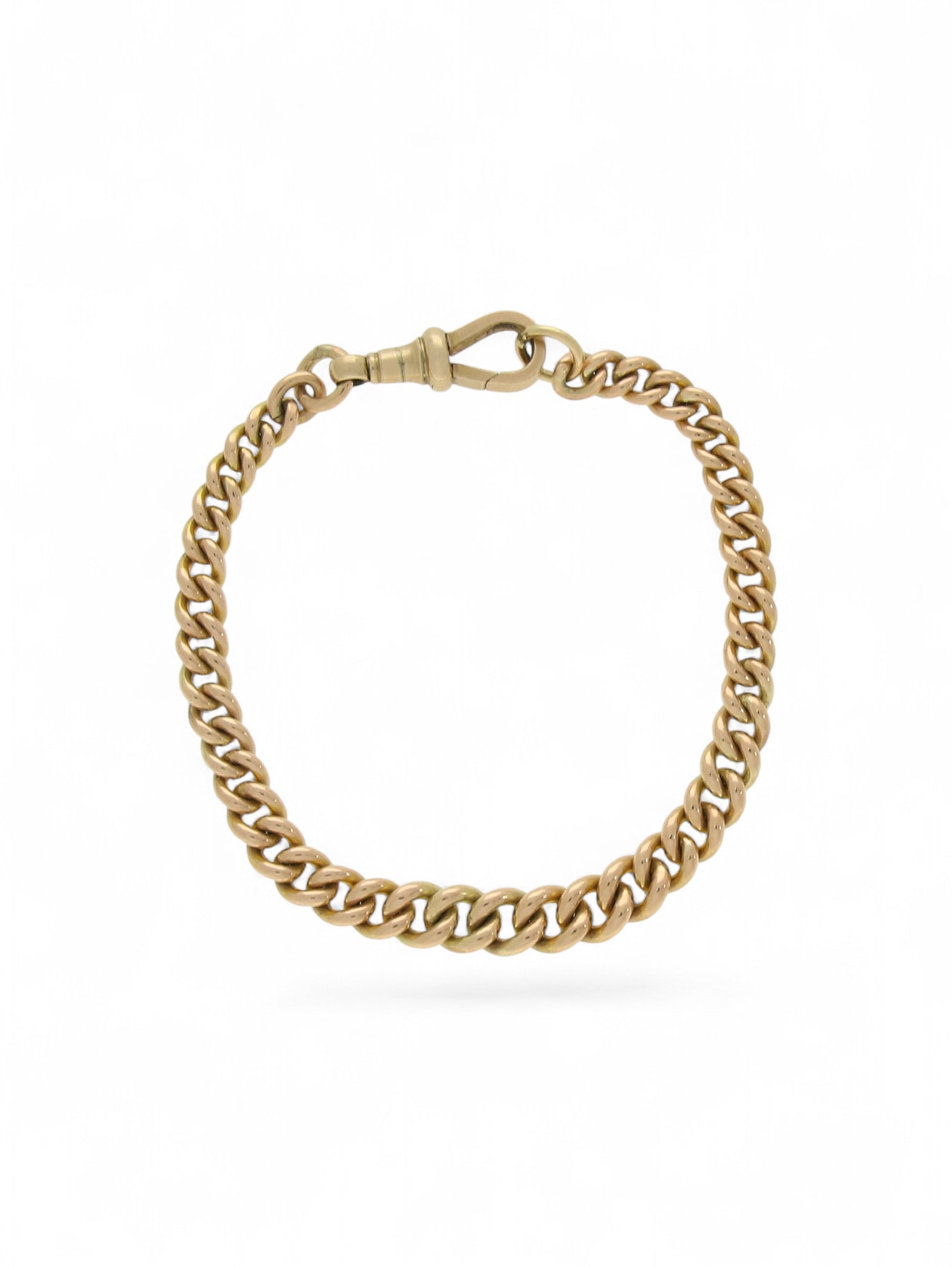 Yellow-gold graduated curb chain bracelet with swivel clasp on a white background.
