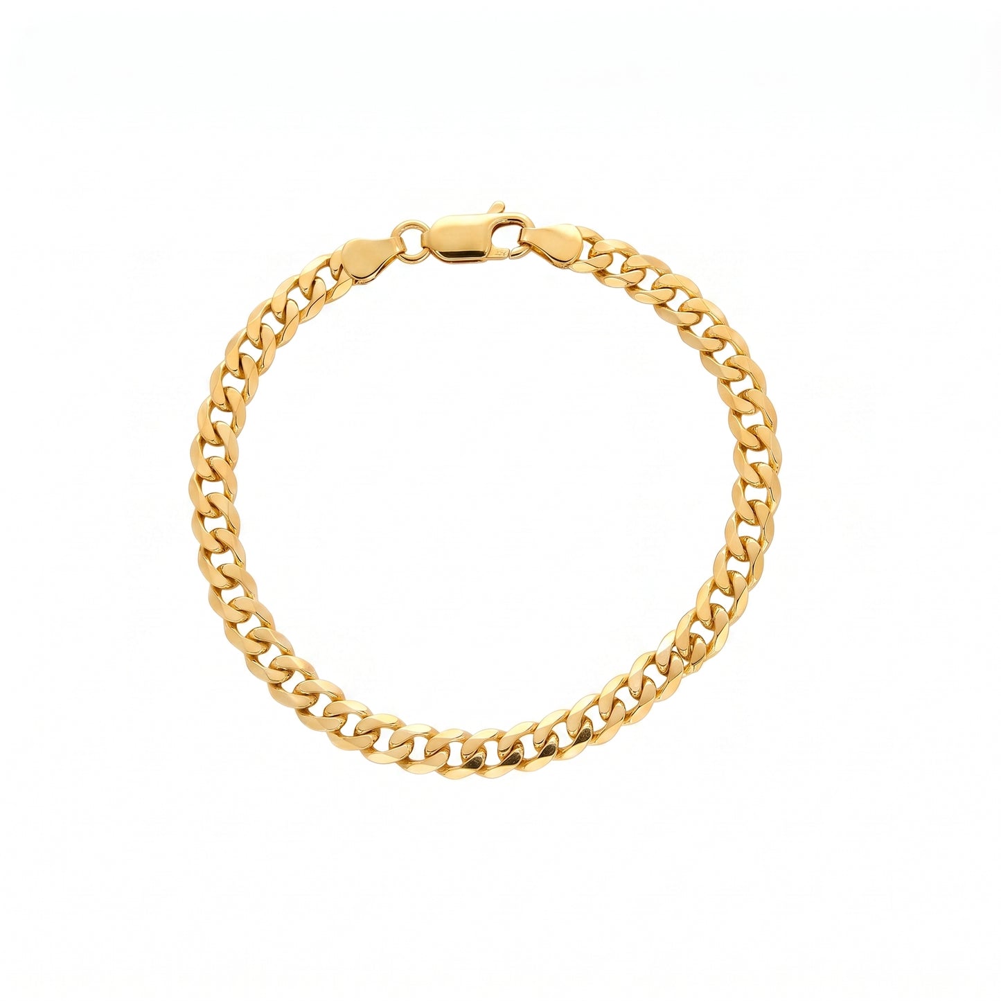 Yellow gold curb link bracelet with trigger clasp on a white background.