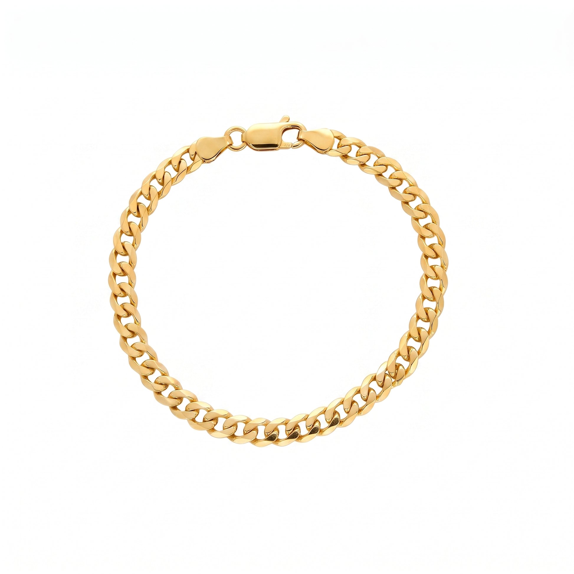 Yellow gold curb link bracelet with trigger clasp on a white background.