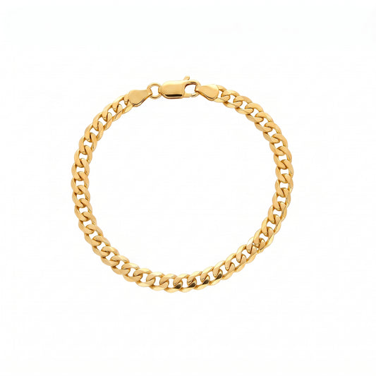 Yellow gold curb link bracelet with trigger clasp on a white background.