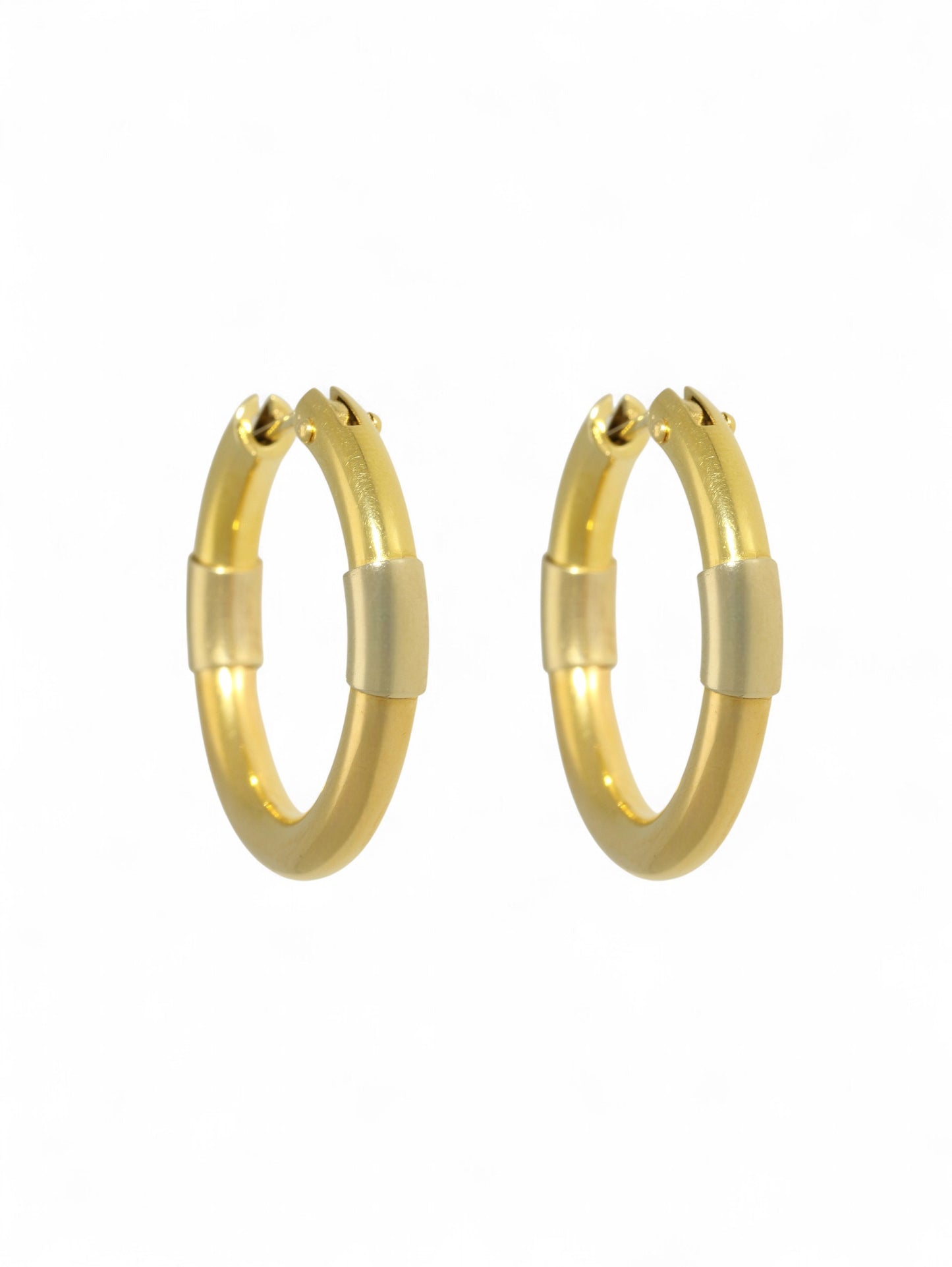 Yellow-gold hoop earrings with post and clip fitting on a white background.
