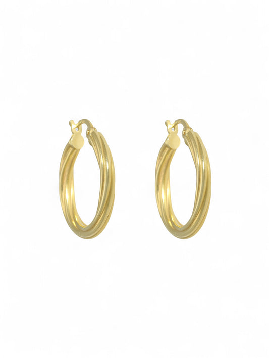 Yellow-gold twist hoop earrings on a white background