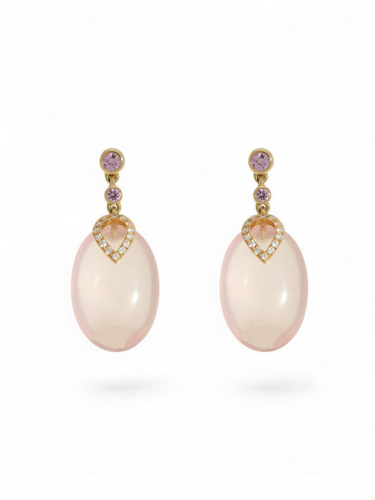 Rose quartz, pink sapphire & diamond drop earrings in 18ct rose gold on a white background.