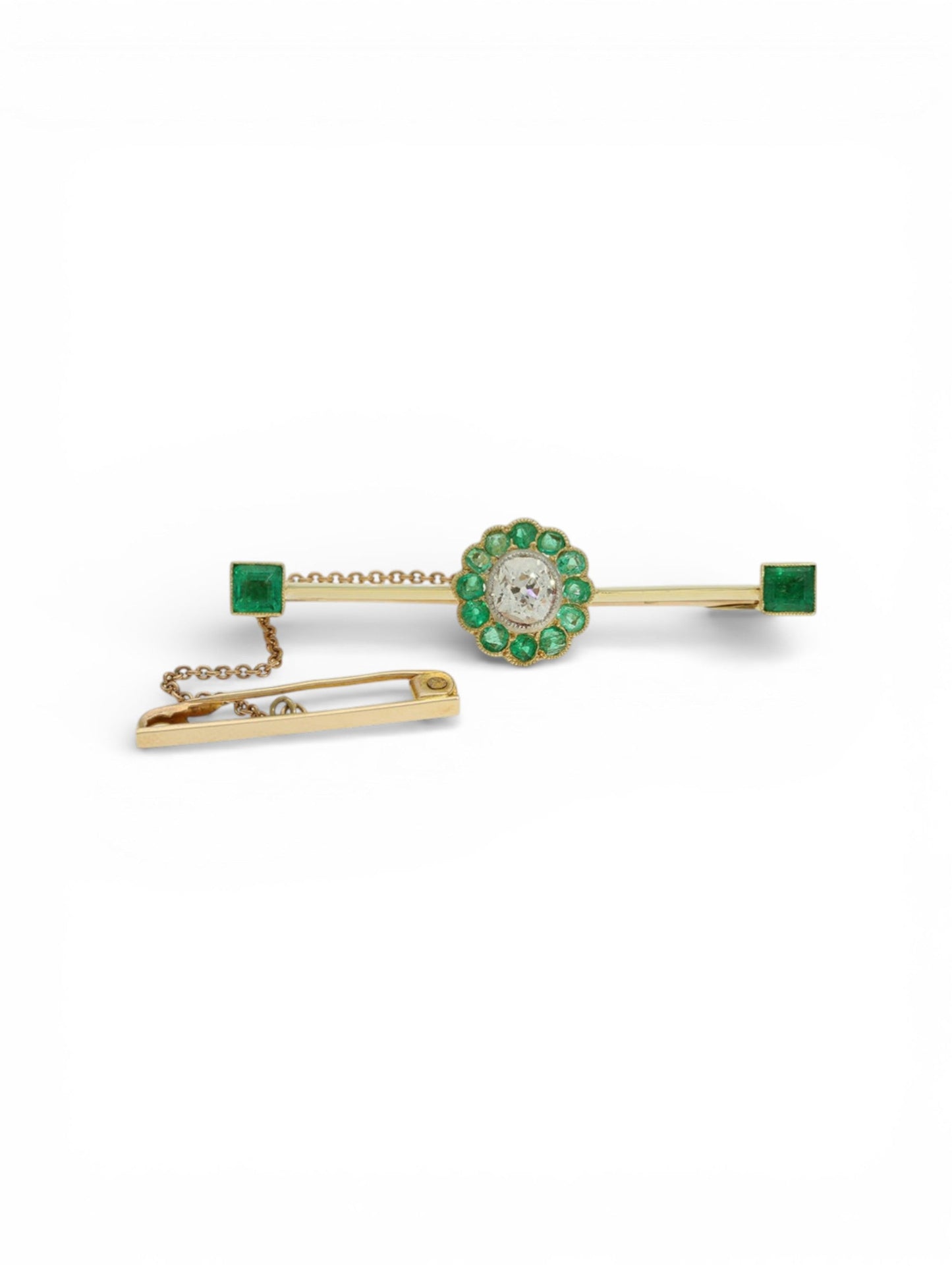 Pre-Owned Emerald & Diamond Floral Bar Brooch