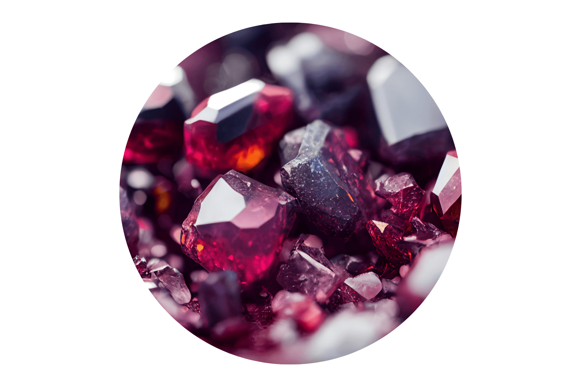 Close-up of red garnet gemstones on a white background.