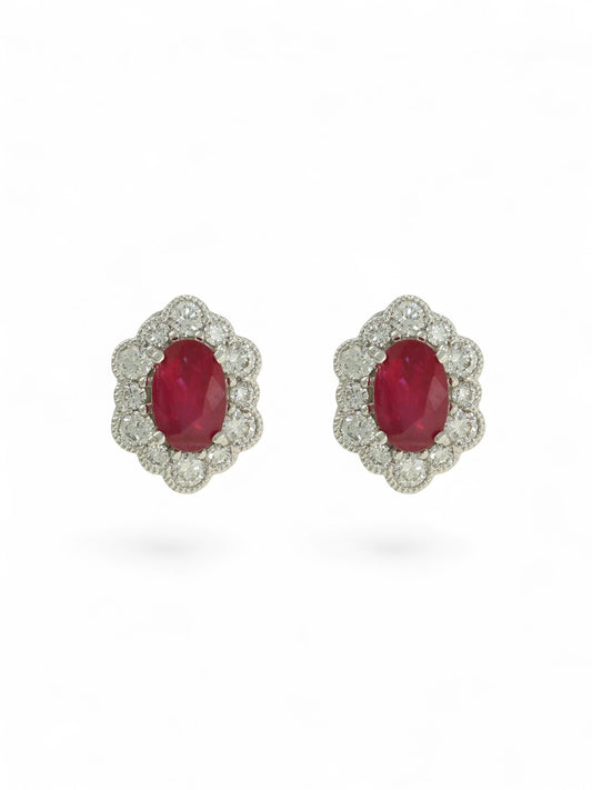 Pre Owned Ruby & Diamond Cluster Earrings in 18ct Yellow & White Gold